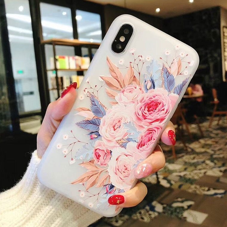 TPU white matte embossed bird language floral protective shell