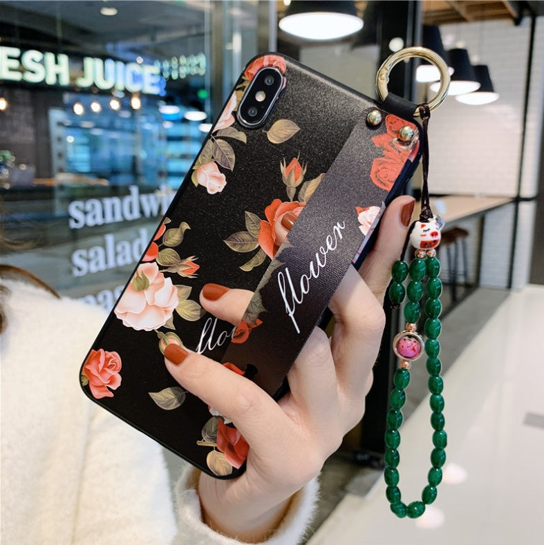 Compatible with Apple, Rose Flowers Wrist Strap phone Cases For iPhone