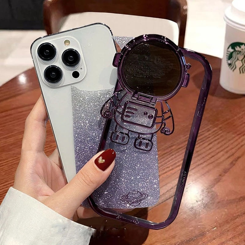 Glitter Astronaut Camera Stand Phone Case For I14 13 12 11 Pro Max XR 14 Plus Invisible Lens Bracket Plating Soft Cover