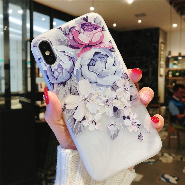 TPU white matte embossed bird language floral protective shell