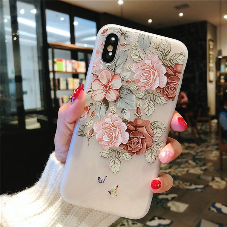 TPU white matte embossed bird language floral protective shell