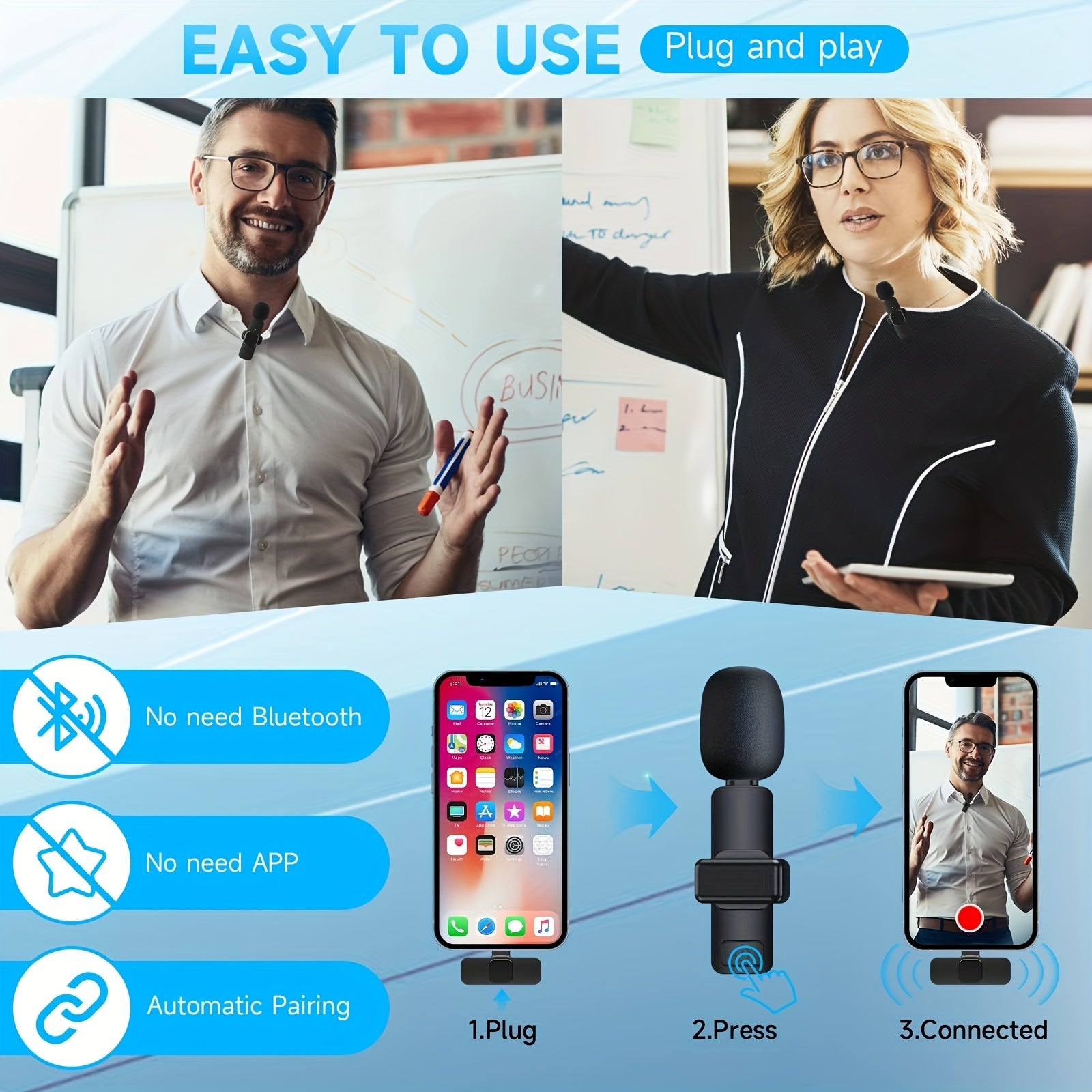 Microphone-Wireless Lavalier Lapel Microphone For iPhone iPad Professional Wireless Clip Mic - Cordless Omnidirectional Condenser Recording Mic For Interview Video Podcast Vlog YouTube